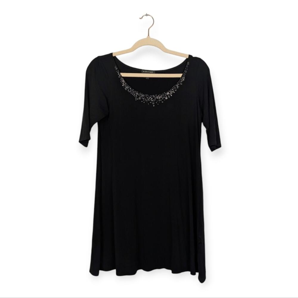 Eileen Fisher Tunic Dress S Black Silk Georgette Sequin Minimalist Luxury